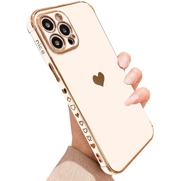 Soft Rubber Liquid Silicone Gold Heart Pattern Slim Protective Shockproof Case for Women Girls for iPhone 12 & iPhone 13 Series